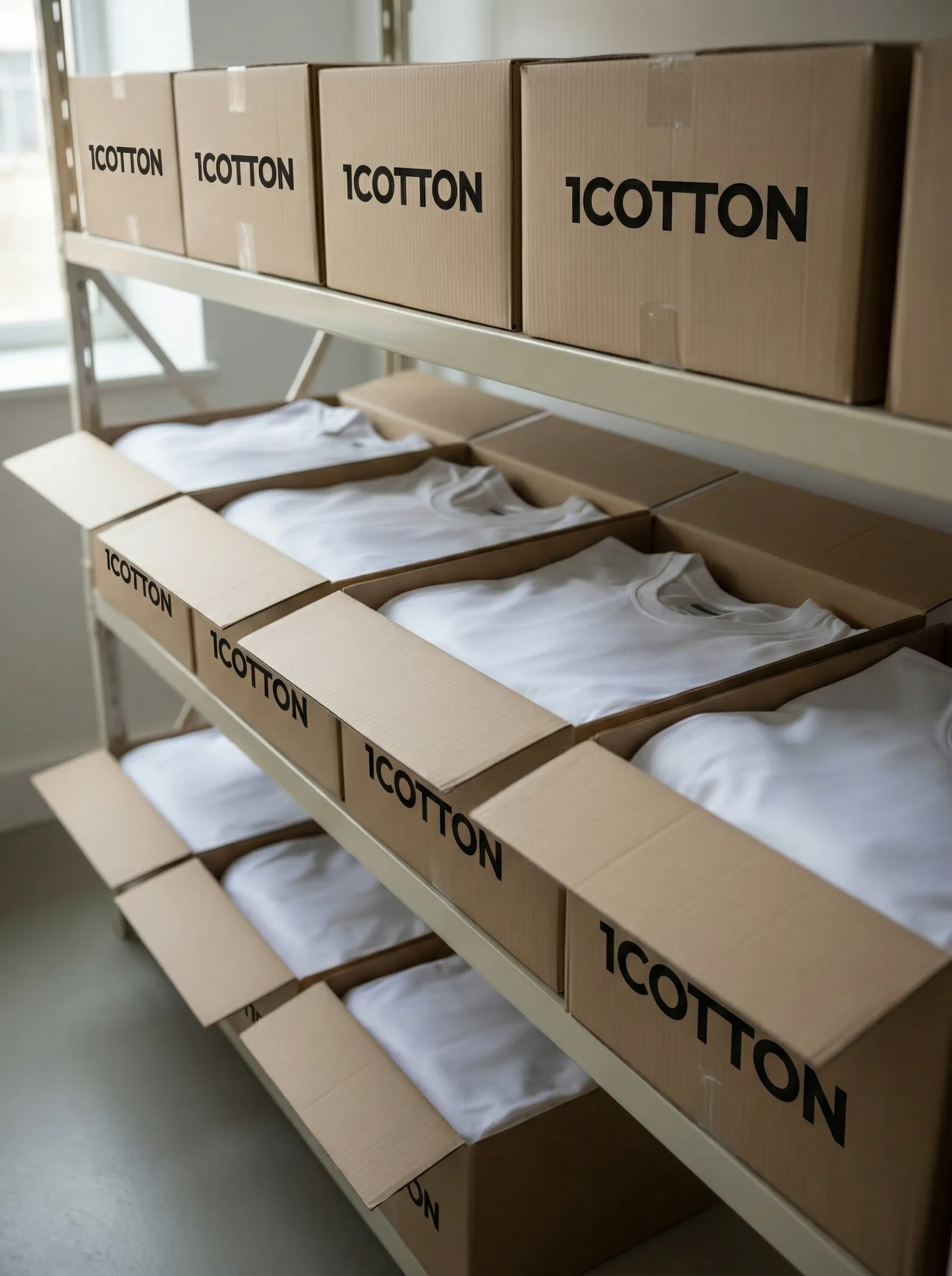 Склад 1COTTON: коробки с базовыми футболками, готовыми к отгрузке
